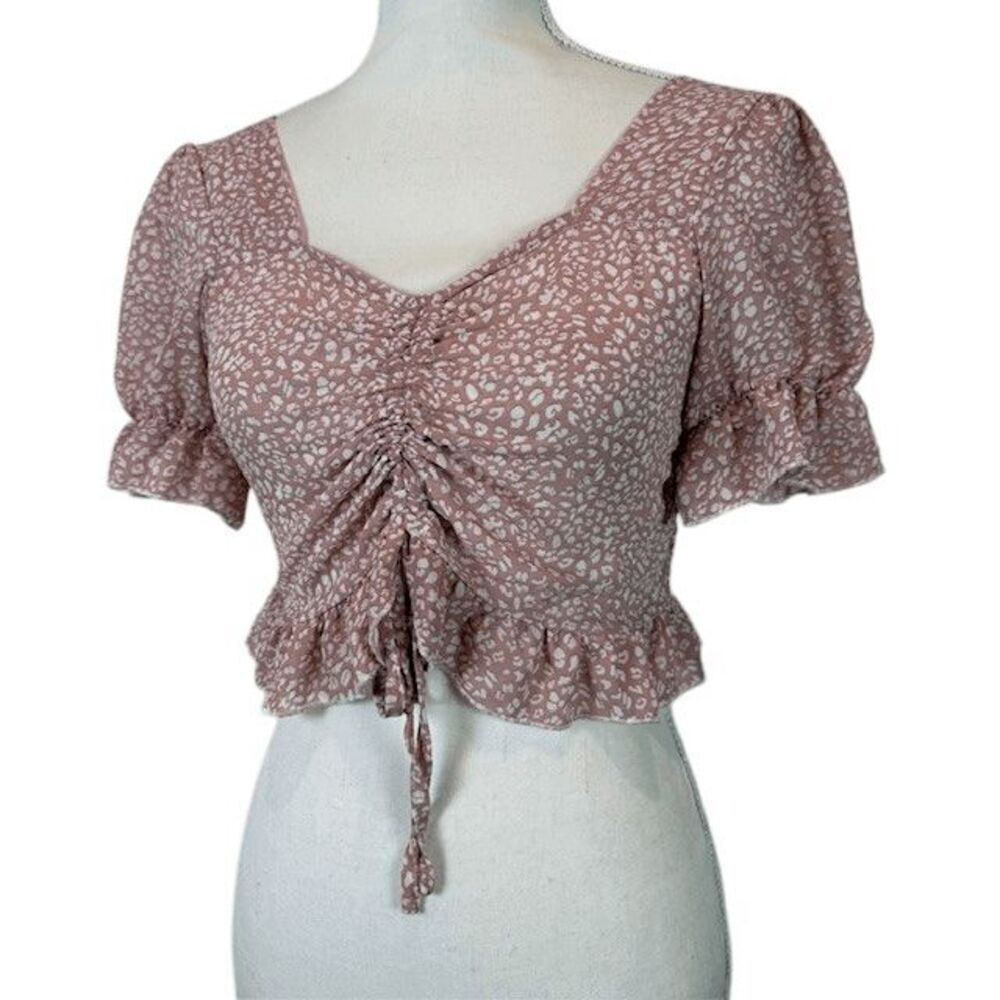 Romwe Pink and White Ruched Babydoll Crop Top Blouse Puff Sleeves Size Medium